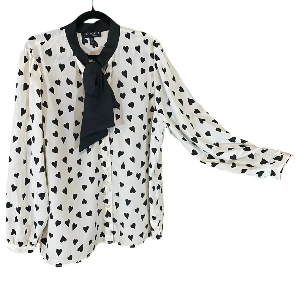Eloquii Black Heart Print Tie Neck Blouse Size 20 Plus Romantic Chic feminine - Picture 2 of 7